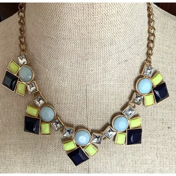 Chunky Statement Necklace With Gemstone Clusters Blue Yellow Black - Picture 3 of 10